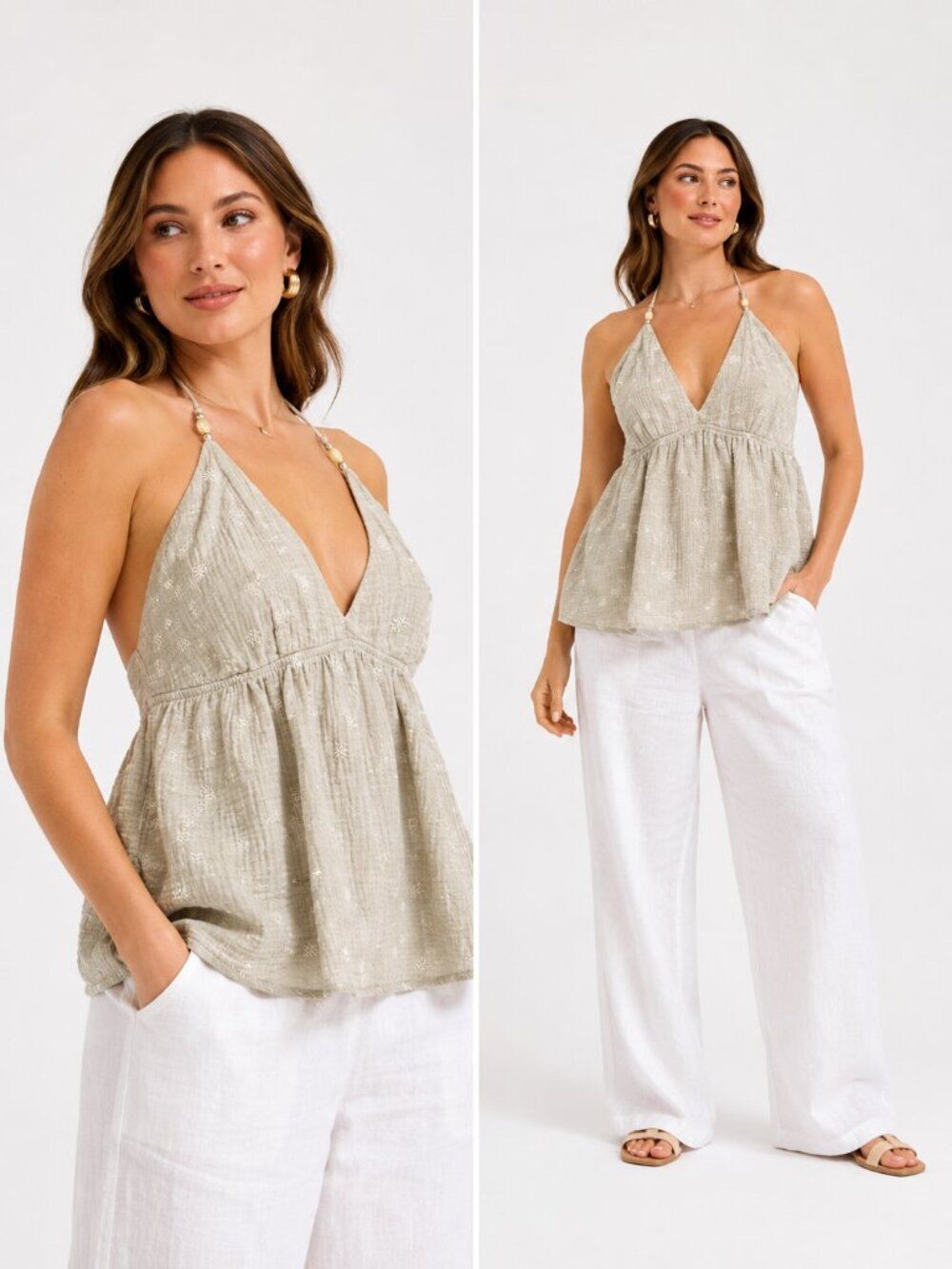 NWT Wild Fable Olive Green Embroidered Halter Tank Top Beaded Accent M